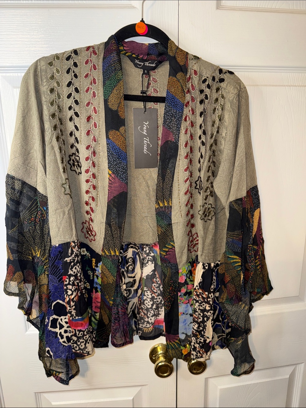 Young Threads Women's Multicolor Embroidered Kimono Cardigan - Gray/Multicolor